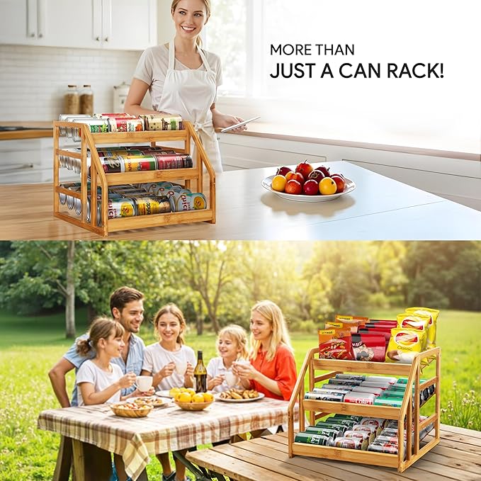 HOMESTEAD 3-Tier Bamboo Pantry Can Organizers - 36 Cans Dispenser Rack, Flexible Dividers, Canned Goods Organizer For Pantry Shelves & Kitchen Storage Organization