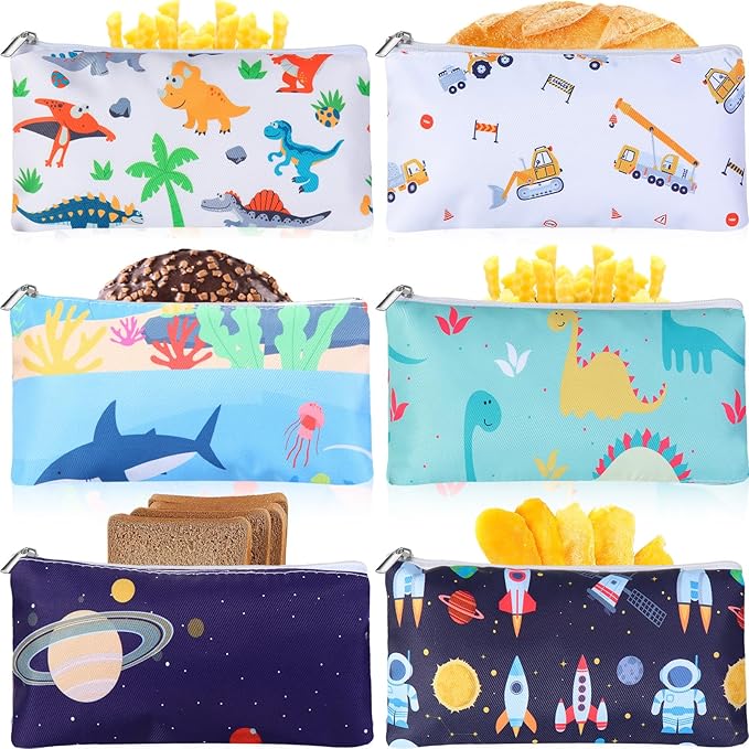Chumia 6 Pcs Reusable Snack Bags Christmas Gifts Food Safety Washable Snack Bags Lunch with Zipper Portable Sandwich Bag Food Storage Pouch Double Layer(Stylish,6.9 x 3.7 Inches)
