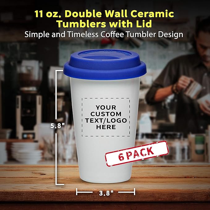 Personalized 11 oz. Double Wall Ceramic Tumblers with Lid - 6 Pack - Custom Text, Logo - Blue