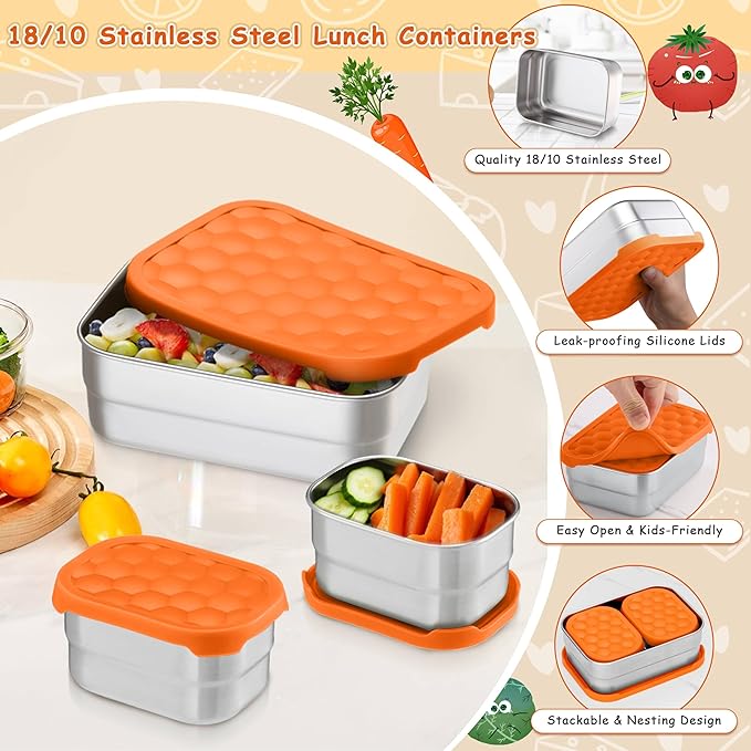 Homikit 3 Pack Kids Lunch Box Set, 18/10 Stainless Steel Bento Boxes with Silicone Lids Leak Proof, 5 Cups Reusable Metal Food Snack Containers for School Daycare, Nontoxic & Dishwasher Safe, Orange