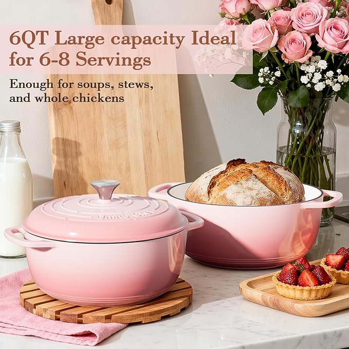 Umite Chef 6QT Enameled Cast Iron Dutch Oven with Lid, Versatile Heavy-Duty Cookware Pot for Baking Bread, Braising, Soups & Stews, Oven & Stovetop Safe with Heat Resistant Gloves(Pink)