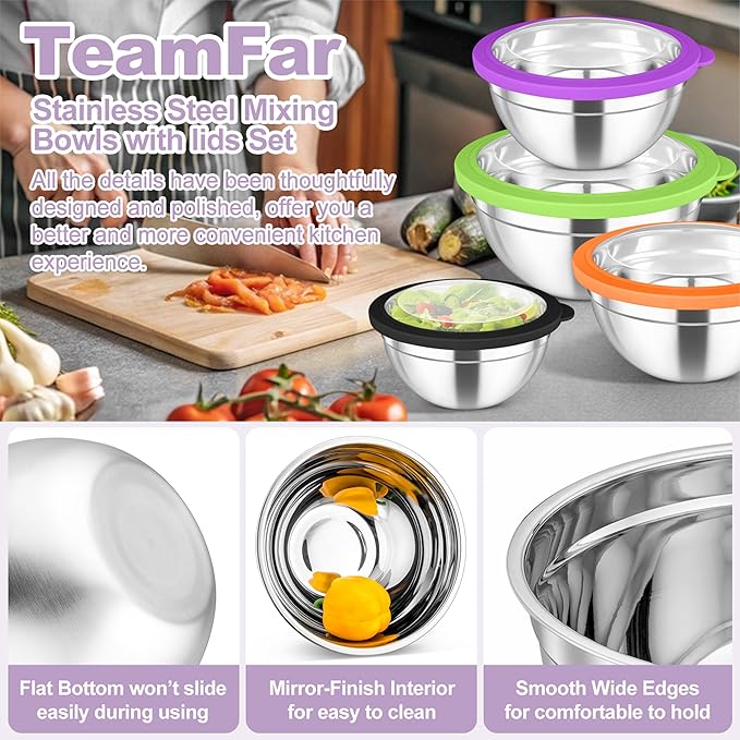 TeamFar Mixing Bowl Set, 4.5/3/1.5/1/0.7 QT Stainless Steel Nesting Salad Bowls with Visible Lids, For Serving/Mixing/Storing, Non-Toxic & Heavy Duty, Airtight & Easy Clean, Multi-Color, Set of 5