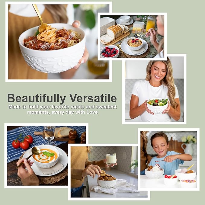 32Oz Ceramic Bowls for Kitchen with Nature-Inspired Engravings - Set of 4 - Versatile Ramen Bowl Set for Pasta, Chili, Oatmeal, Cereal, Rice, Fruit, Soup - Dishwasher, Microwave, Oven, Freezer Safe