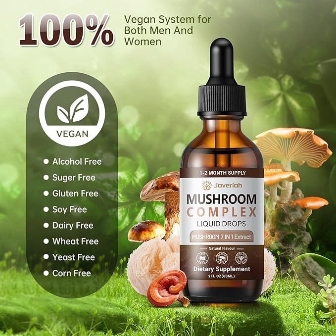 Mushroom Complex Liquid Drops Supplement with Lion's Mane, Shiitake, King Trumpet, Turkey Tail, Reishi, Cordyceps & Chaga,7 in 1 Mushrooms Complex Blend Tincture 4 fl oz 2 Pack