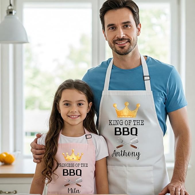 Personalized Matching Aprons for Toddler and Adults, BBQ Aprons for Dad, Grandpa, Husband, Son, Daughter, Prince of the BBQ, King of the BBQ, Father and Son Gifts for Christmas, Princess Grill
