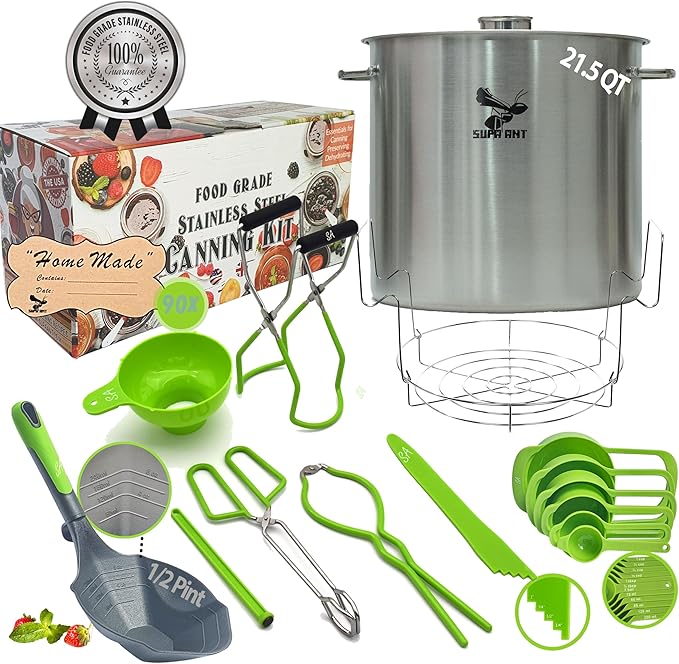 Supa Ant 21.5 Qt. Stainless Steel Water Bath Canning Pot with Canning Supplies Starter Kit -Canning Rack,Food Grade Canning Ladle, Measuring Cups,Funnel,Tongs,Jar Lifter & Wrench,Lid Lifter,90x Labels