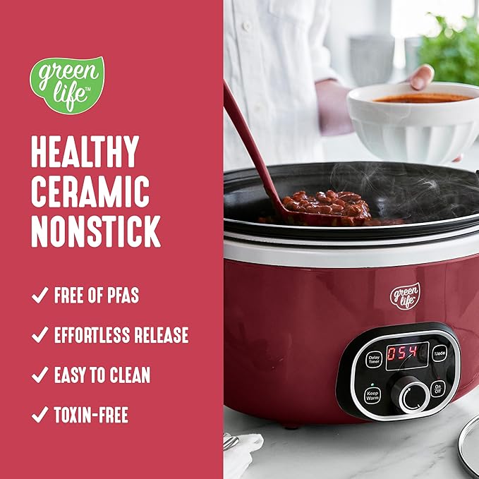 GreenLife 6QT Slow Cooker, Non-Toxic PFAS-Free Ceramic Nonstick Removable Interior Bowl, Programmable, Family Friendly, Keep Warm, Stovetop & Oven Safe, Dishwasher Safe Crock, Timer, Glass Lid, Red