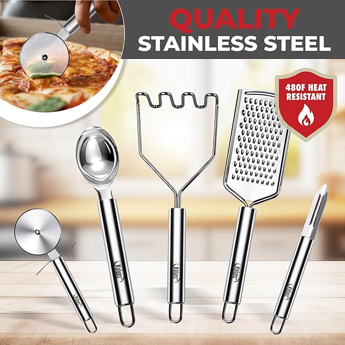 Kaluns 50 PCS Silicone Kitchen Utensils Set Complete Kitchen Set - 800°F Heat Resistant Non-Stick Premium Cooking Utensils W Wooden Handles - Can Opener, Masher, Turner, Silicone Spatula Set