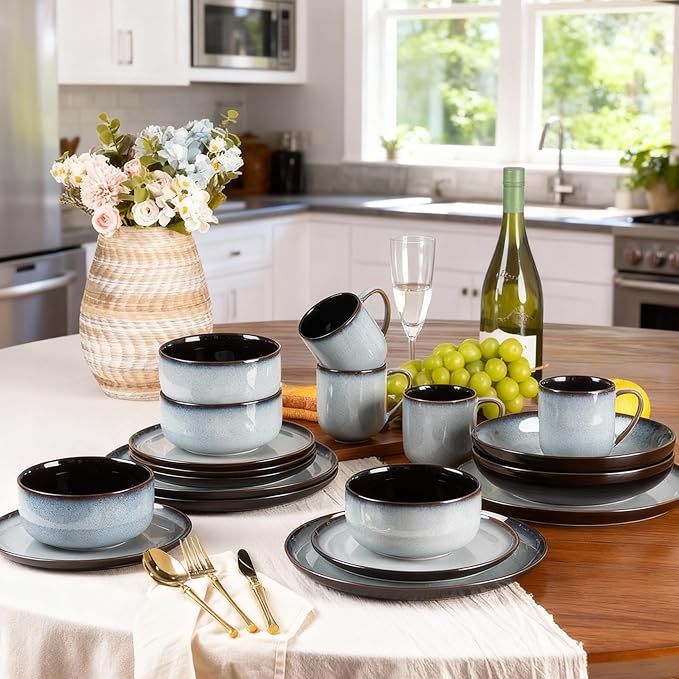 LeRATIO Ceramic Dinnerware Set of 4, Poreclain Plates, Bowls, Handmade Reactive Glaze Dishes, Chip Resistant, Oven & Dishwasher Safe, Service for 4-Gray White
