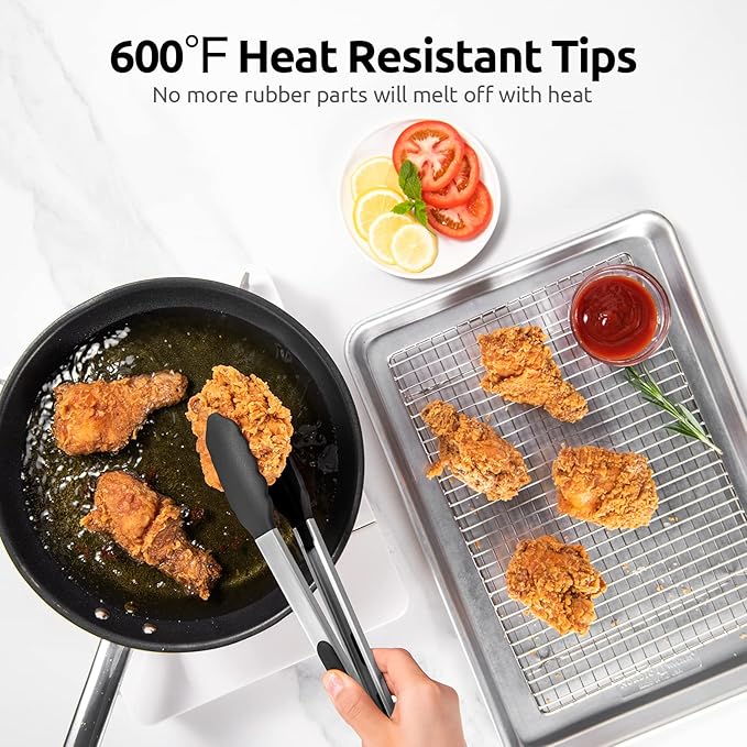 600ºF Heat Resistant Kitchen Tongs: U-Taste 12 inch Large Silicone Cooking Tong with Sturdy Non Stick Rubber Tips & Silicon Coated 18/8 Stainless Steel Handle & Smooth Locking for Serving Grill(Black)