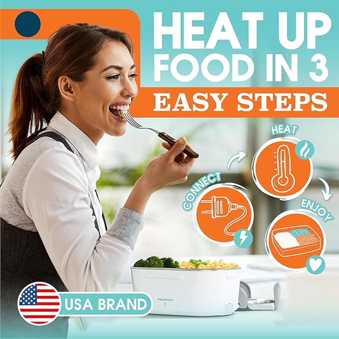 TRAVELISIMO Electric Lunch Box for Adults 80W Heated Lunch Box For Men 1.5L Stainless Steel Portable Food Warmer, 12/24/110V Electric Food Warmers for Travel & Work, Loncheras Para Hombres de Trabajo