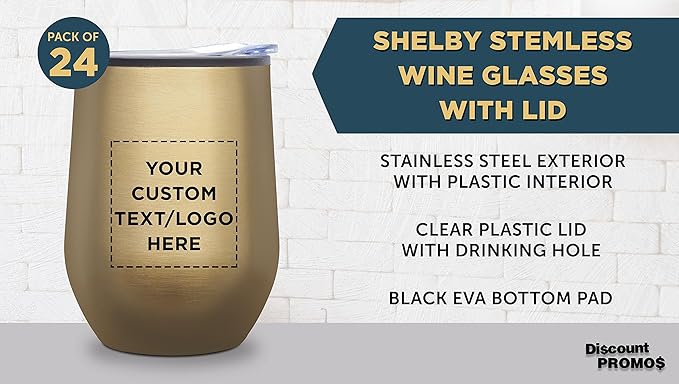 Custom Stemless Wine Tumblers 12 oz. Set of 24, Personalized Bulk Pack - Insulated, Perfect for Wine, Cocktails, Other Hot & Cold Beverages - Gold