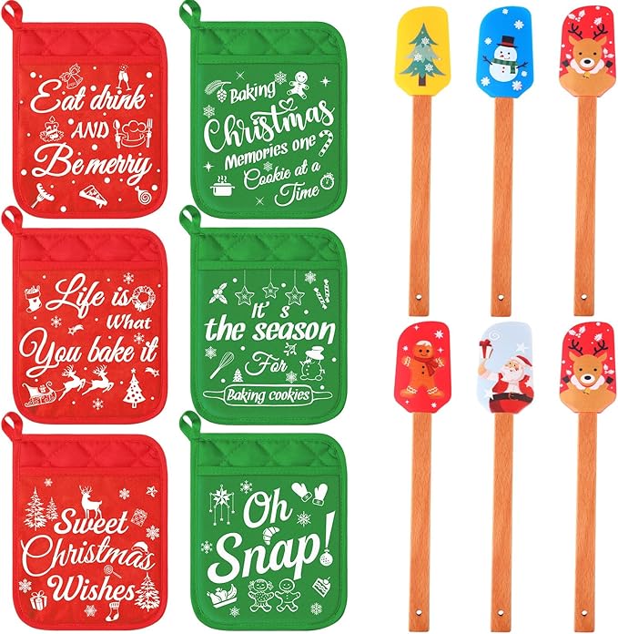 Yaomiao 12 Pcs Christmas Pot Holders with Silicone Spatula Set Wooden Handles Pot Holders for Christmas Kitchen Utensils xmas Baking Gifts for Neighbor Cooking Essentials (Classic)