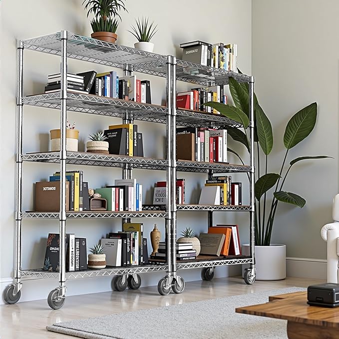 5-Tier 2200LBS Storage Shelves,Adjustable Wire Shelving for Pantry Organizers and Storage Heavy Duty Garage Shelving for Kitchen, Basement,Warehouse(Chrome,17,7Dx 47.2" W x 76.7" H)