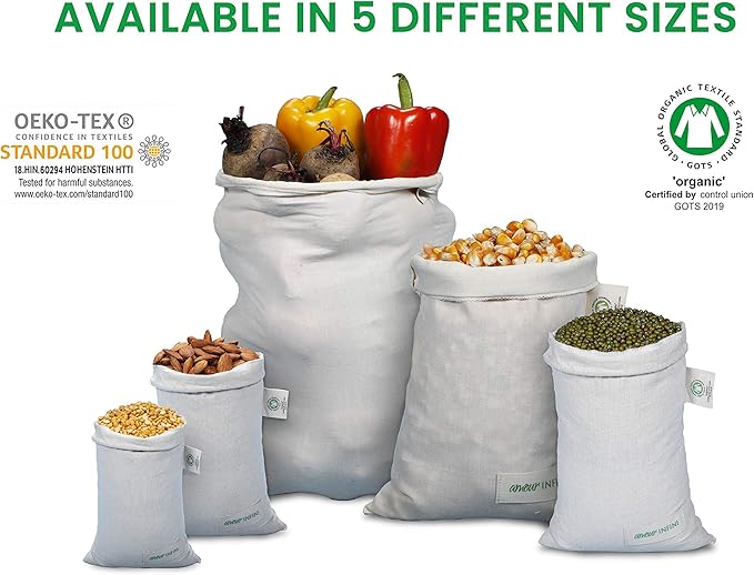 AMOUR INFINI Grocery Bags - Reusable Organic Cotton Food Safe Washable Produce Bags with Drawstrings - Set of 3 (Extra Large) Muslin Bags for Shopping, Vegetables & Fruits Shopping Bag