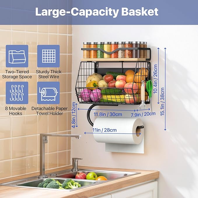 Housolution 2 Pack Wall Mounted Fruit Basket with Wood Lid, Hanging Kitchen Storage Basket for Fruit and Vegetable, Potato and Onion Storage Organizer with Paper Towel Holder for Kitchen Countertop