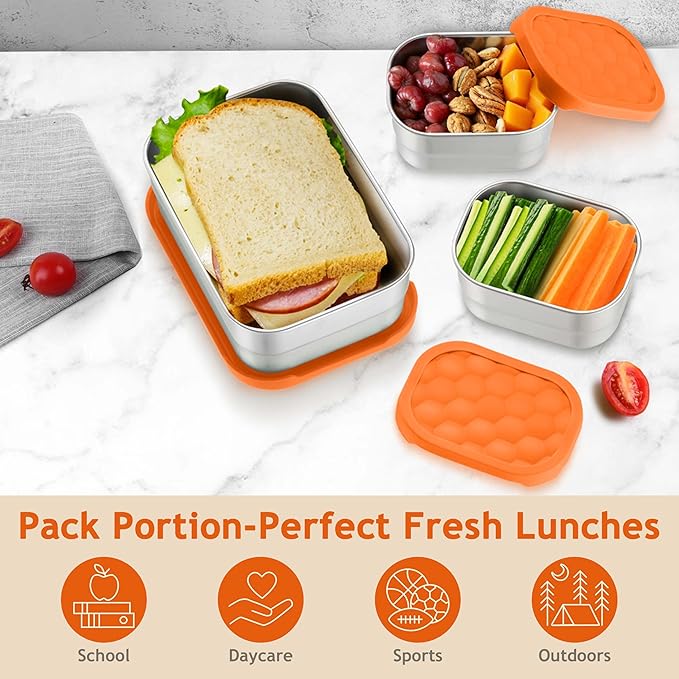 Homikit 3 Pack Kids Lunch Box Set, 18/10 Stainless Steel Bento Boxes with Silicone Lids Leak Proof, 5 Cups Reusable Metal Food Snack Containers for School Daycare, Nontoxic & Dishwasher Safe, Orange