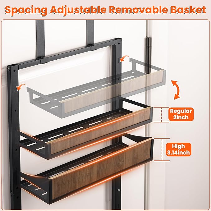 Aquzee Over the Door Pantry Organizer, 6-Tier Spice Rack Wall Mount, Adjustable Wooden Baskets, Haning/Mounting 2 in 1 Heavy-Duty Metal Hanging Door Organizer Storage for Kitchen, Cabinet and Closet