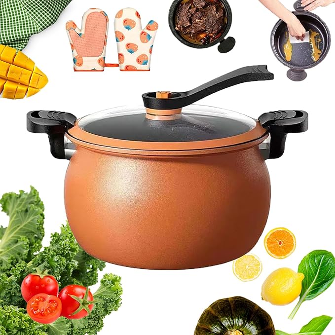 8QT Multifunctional Large Capacity Non-stick Pressure Cooker, Multifunctional Non-Stick Micro Pressure Cooker, Transparent Glass Cover and Anti-Scalding Handle for Family Meals, Soups, Stews (Orange)
