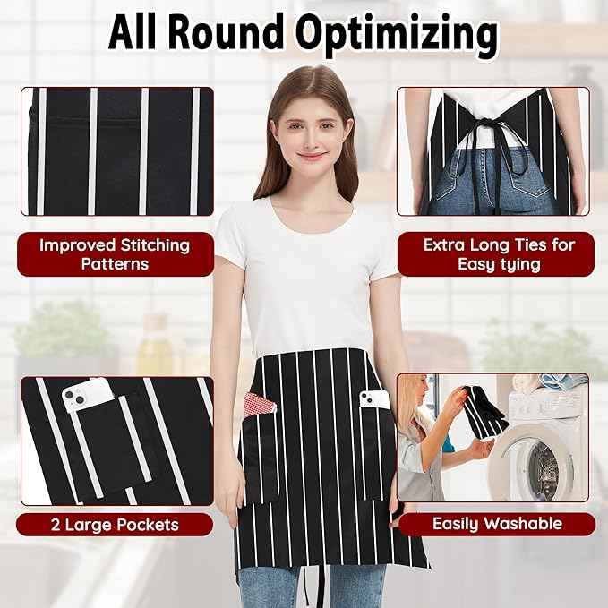 3 Pack Waist Apron with 3 Pockets, Unisex Black Waiter Aprons, Water Resistant Server Aprons for Restaurant Chef Bar