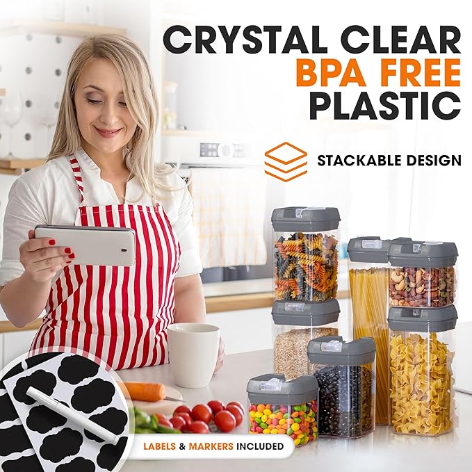 Cheer Collection Airtight Food Storage Containers, Kitchen Storage Containers for Pantry, Set of 7 Food Containers with Lids Airtight, Pantry Storage Containers & Organizers with Lids, Gray