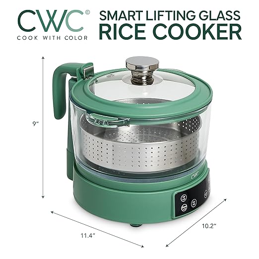 COOK WITH COLOR 3L Glass Mini Low Carb Rice Cooker – Holds 2 Cups Raw/Makes 6 Cups Cooked with Auto Lift Filter Basket, Hotpot & Steamer for Rice, Grains, Digital Panel with Keep Warm, Dark Sage