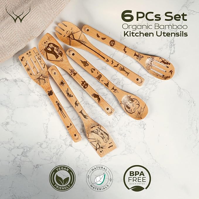Nightmare Wooden Spoons for Cooking Before Christmas Gifts - Wooden Utensil Set with Spatulas & Spoons, Heat-Resistant, Eco-Friendly Kitchen Utensils for Non-Stick Cookware