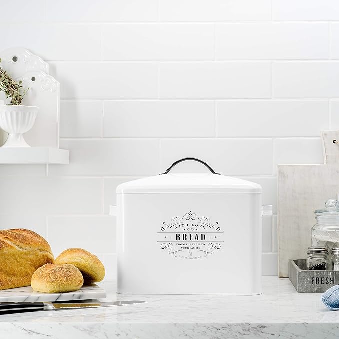 Extra Large White Farmhouse Bread Box for Kitchen Countertop - Holds 2+ Loaves for All Your Bread Storage - Bread Container Counter Organizer to Suit Farmhouse Kitchen Decor, Vintage Kitchen, Rustic