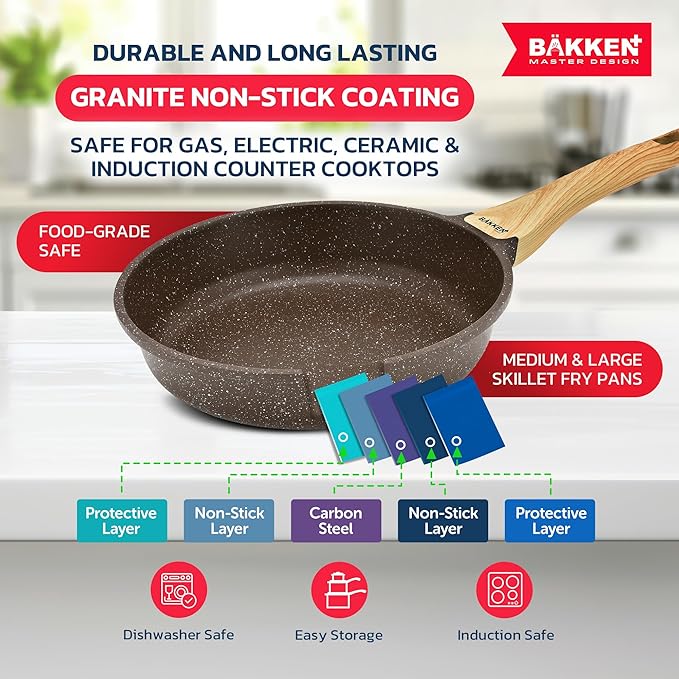 Bakken Master 20 Piece Cookware Set - Pots and Pans with Handle Grips and Tempered Glass Lids, With 6-piece Bakeware Set, Nonstick Granite Coating, Ceramic Max Temperature (Up To 500°F), Brown Marble