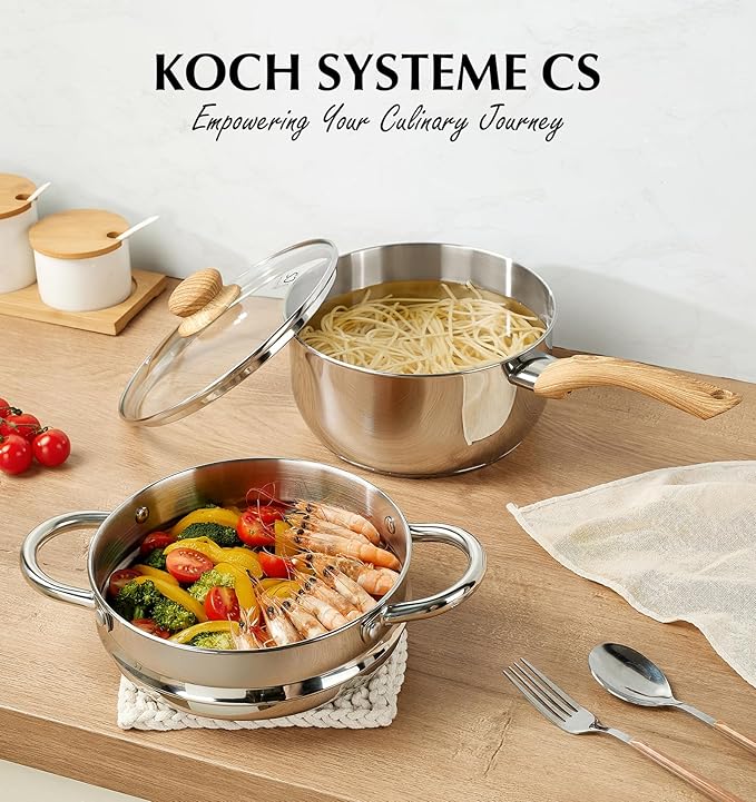 KOCH SYSTEME CS Stainless Steel Saucepan with Steamer Insert, Premium 18/10 Stainless Steel Pot 3 Quart with Cool-Touch Handle, 3 Quart Sauce Pan with Lid, Induction Compatible, Dishwasher Safe