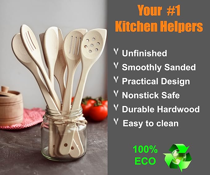ECOSALL Healthy Wooden Spoons For Cooking Set of 6. Safe and Reliable Cooking Utensils for Kitchen – 100% Natural Nonstick Wood Spatula Spoon For Scraping, Stirring, Serving – Uncoated Solid Hardwood