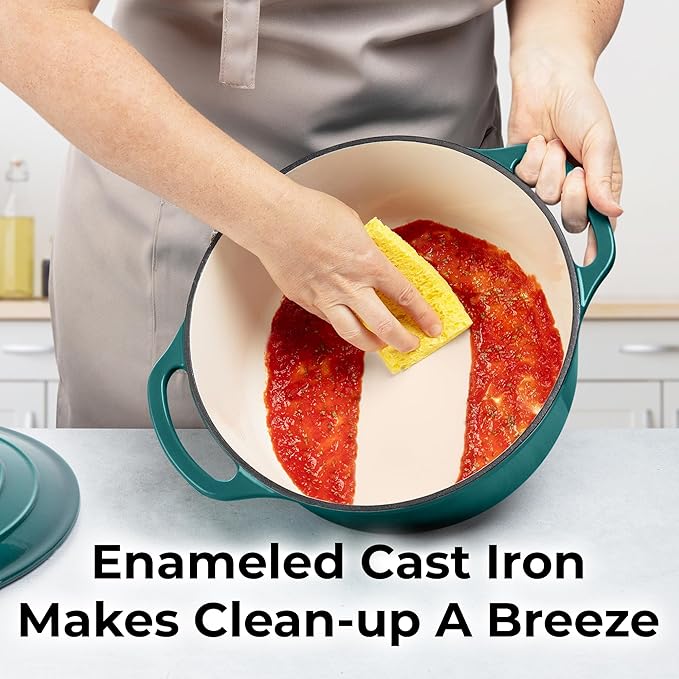 Zulay Kitchen 7.7 Quart Enameled Cast Iron Dutch Oven Pot with Lid – Premium Durability & Oven Safe up to 500°F – Heavy Duty Cookware Perfect for Bread Baking, Stews, Braising & Roasting – Emerald