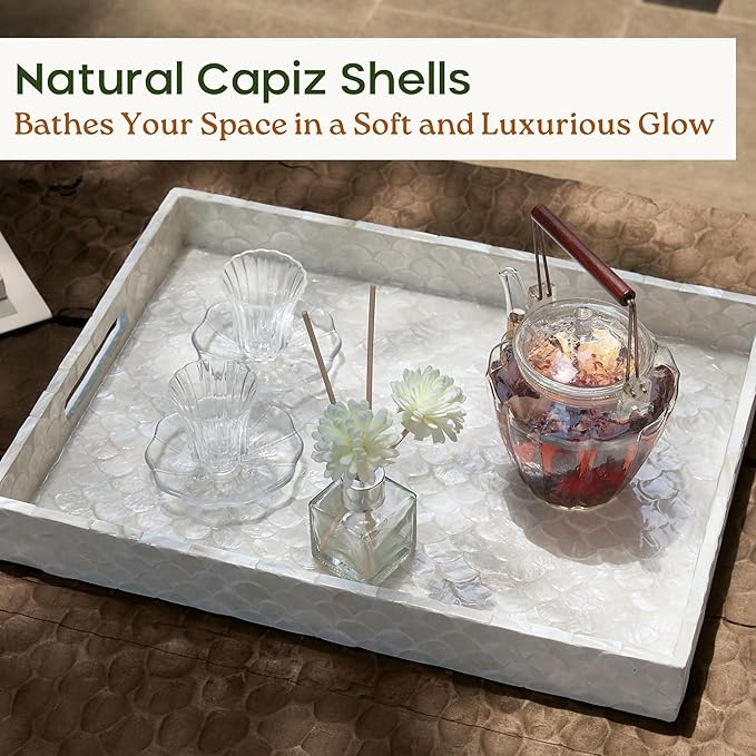 Rectangular Tray, Handmade Capiz Mother of Pearl Decorative Tray with Handles for Coffee Tables, Ottoman, Bathroom, Vanity or Kitchen, Coastal Boho Home Decor, White, 15.8” x 11.8” x 1.8"