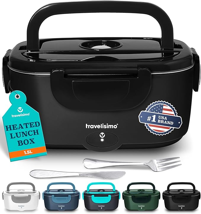TRAVELISIMO Electric Lunch Box for Adults 80W Heated Lunch Box For Men 1.5L Stainless Steel Portable Food Warmer, 12/24/110V Electric Food Warmers for Travel & Work, Loncheras Para Hombres de Trabajo