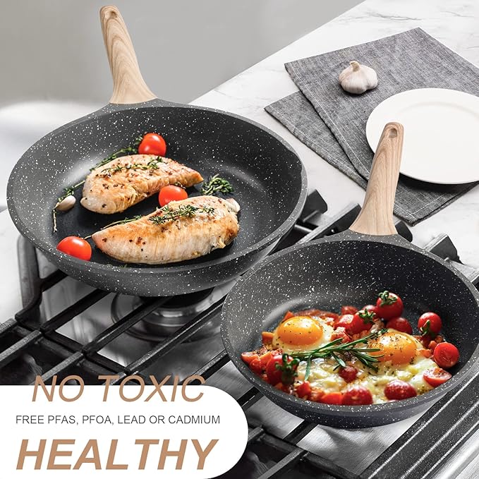 Caannasweis Nonstick Granite Frying Pan Skillet, Non Stick Omelette Fry Pans, Omelet Egg Pan, Stone Cookware Chef's Pan, Induction Compatible, PFOA Free (Gray, 12 Inch with Lid)
