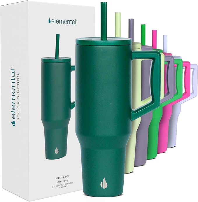 Elemental 40 oz Tumbler with Handle and Straw - Spill Proof Insulated Stainless Steel Commuter for Hot and Cold Beverages - Travel Coffee Mug with 2 Straws & Spill Proof Lid - 40oz - Forest Green