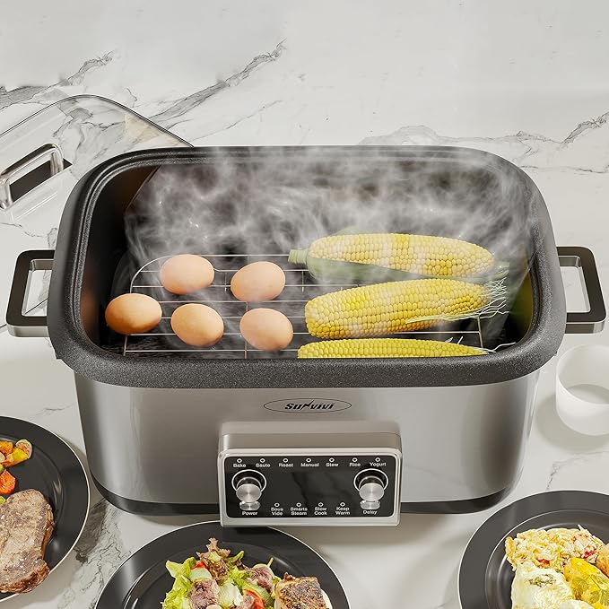 Sunvivi 8 Quart Slow Cooker Roaster Oven, 12 in 1 programmable Multi-Cooker Food Warmer with Digital Timer, Temp Control, Removable Cast Aluminum Pot & Dishwasher-Safe Tempered Glass Lid, Stainless