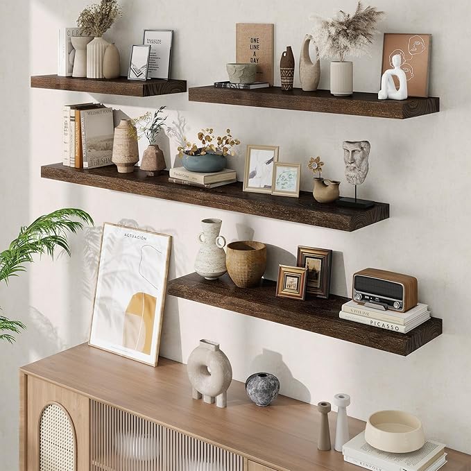 Floating Shelves, 8" Deep Rustic Solid Elm Wood Wall Mounted Floating Shelves, Wall Shelves with Invisible Bracket for Living Room Bathroom Bedroom Kitchen, 32 Inch Set of 2, Walnut
