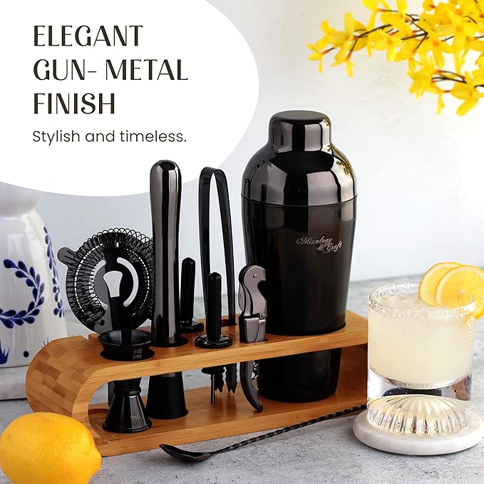 Mixology & Craft Cocktail Shaker Set: 10-Piece Bartender Kit with Stand | Complete at Home Bar Set with Bar Accessories | Great Housewarming Gift | Leak-Proof Design (Gun-Metal)