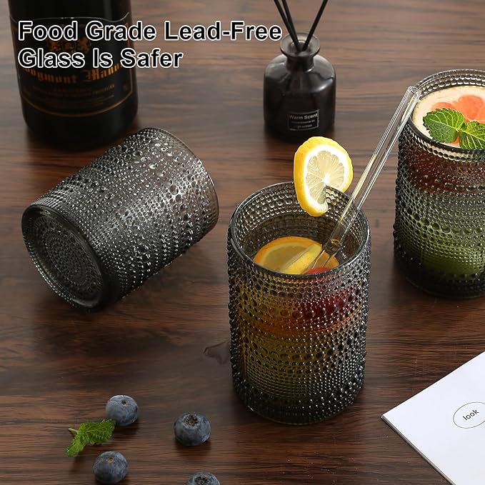 Vintage Glassware Drinking Glasses Set of 12,Grey 12oz & 15oz Hobnail Glass Cups,Embossed Water Tumbler,for Beer,Cocktail,Whiskey,Juice and Various Mixed Drinks- 1 Cleaning Brush
