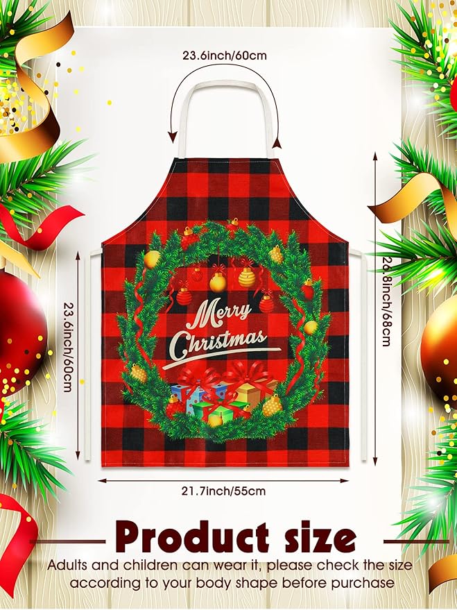 SATINIOR 4 Pcs 21.7" x 26.8" Christmas Aprons Adjustable Kitchen Aprons Xmas Plaid Merry Christmas Bib for Adults