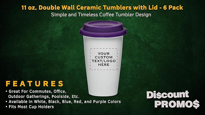 Personalized 11 oz. Double Wall Ceramic Tumblers with Lid - 6 Pack - Custom Text, Logo - Purple