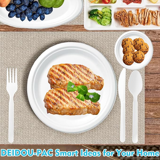 Compostable Eating Utensils, 500 Ct 7" Large Disposable Biodegradable Forks Spoons Knives Cutlery Set, Eco Friendly Heat Resistant Flatware Alternative to Plastic Silverware, BPI Certified