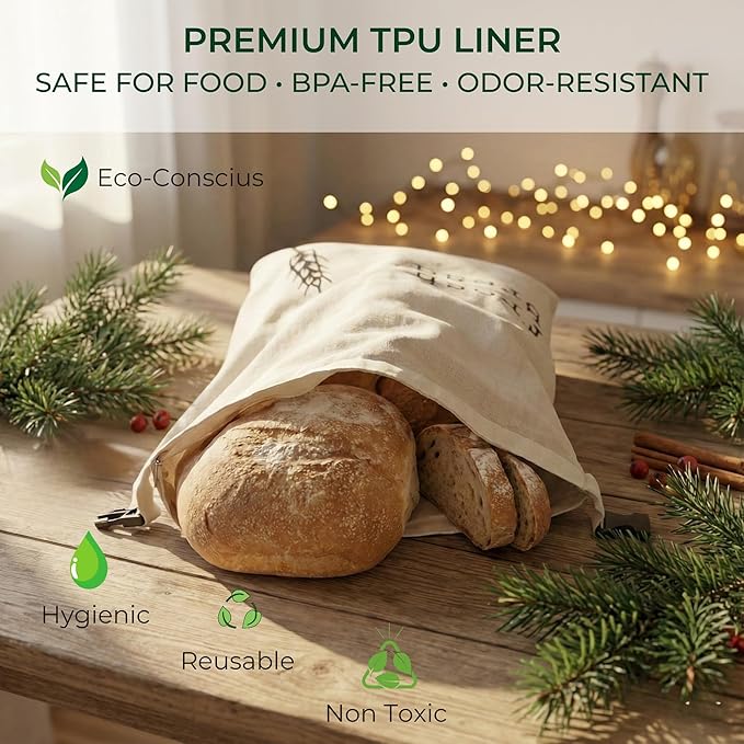 Bread Bags for Homemade Bread - 2 Pack XXL Cloth Bread Bags with Lining and Double Lock, Reusable Freezer Bags, Durable Bread Storage Bags, Reusable Gift Bags for sourdough