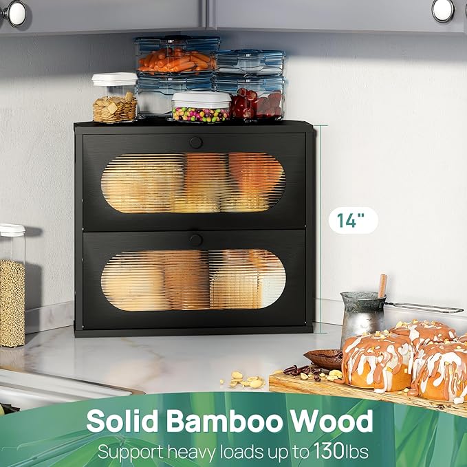 Corner Bread Box for Kitchen Countertop, 2 Tier Black Corner Bread Box, Bamboo Wood Large Capacity Bread Storage Bin with Acrylic Wavy Door Panel