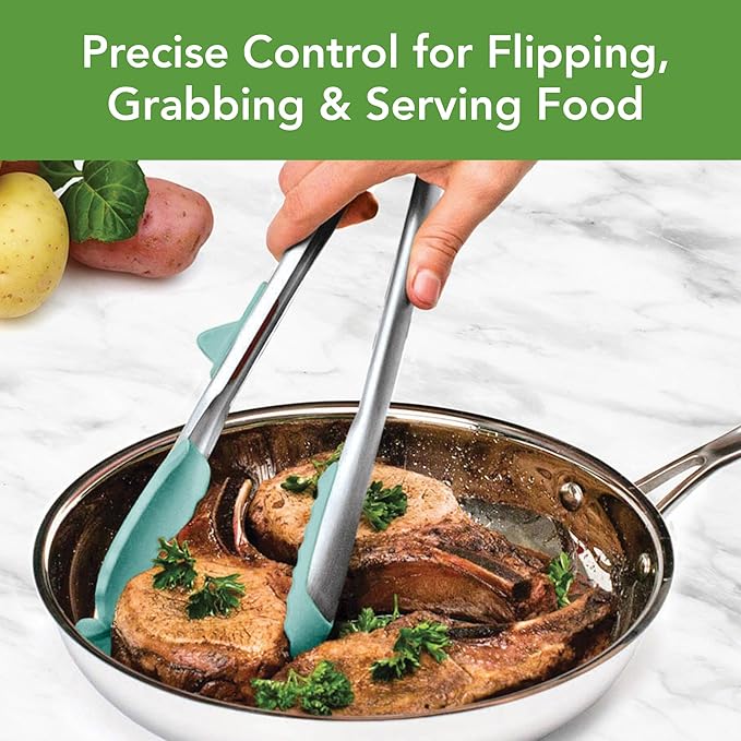 Tovolo Tongs With Silicone Tips Easy Grip 13” Long Kitchen Tongs Stainless Steel Handle For Cooking, Non Scratch Heat Resistant Metal Tongs Silicone Tipped Dishwasher Safe BPA Free Aqua Seafoam Green