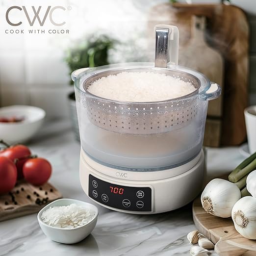 COOK WITH COLOR 3L Glass Mini Low Carb Rice Cooker – Holds 2 Cups Raw/Makes 6 Cups Cooked with Auto Lift Filter Basket, Hotpot & Steamer for Rice, Grains, Digital Panel with Keep Warm, Cream