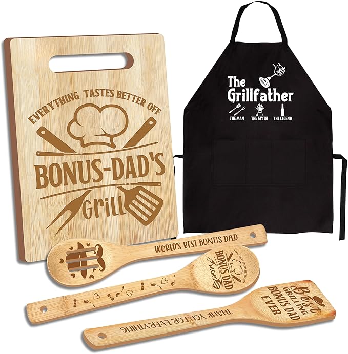 Bonus Dad Gifts, Christmas Bonus Dad Gifts from Kids, Bonusdad from Bonus Daughter Wooden Cutting Board Utensils with Apron, Great Bonusdad Father's Day Birthday Kitchen
