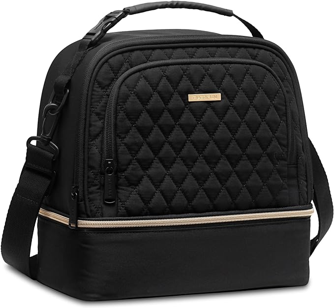 Everfun Womens Lunch Box Two Compartments Insulated Lunch Tote Bag Large Leakproof Soft Cooler for Work Picnic Travel, Black
