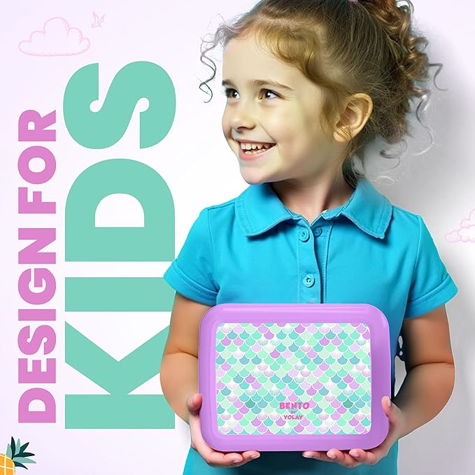 YOLAY Bento Box for Kids Lunch Box Leak-Proof, 5-Compartment Lunch Box Kids for Ages 3-10, Durable with Anti-Slip Base, Suitable for Schools, Outdoor and Travel (Mermaid) (Scallop)